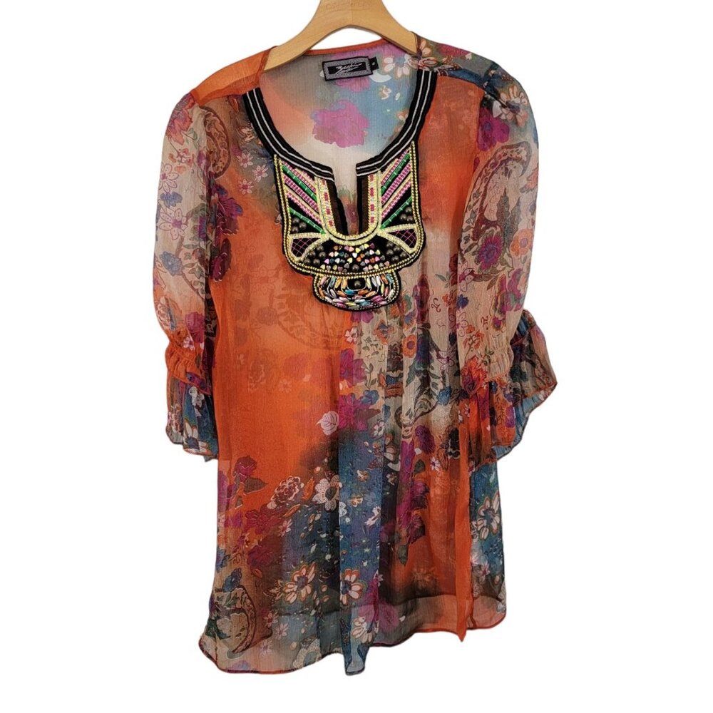 Zashi Tunic Top Boho Beaded Hearts Colorful Floral 3/4‎ Sleeve V-Neck Small EUC